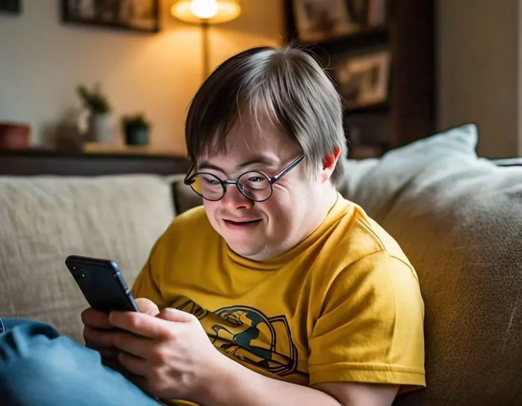 Down Syndrome person using phone